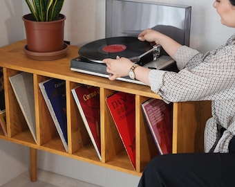 Large Record Player Stand with Vinyl Storage, Mid Century Turntable Credenza, Solid Wood Record Cabinet, Holds 150 Records