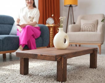 Solid Pine Rectangle Coffee Table, Walnut Color, Mid Century Modern Furniture