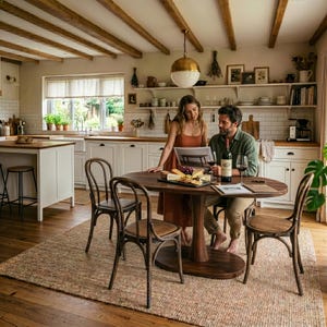 Puede incluir: Una mesa de comedor ovalada de madera oscura con una base de pedestal central, rodeada por cuatro sillas de madera curvada con asientos de mimbre. La mesa tiene una tabla de madera con varios quesos, uvas y una botella de vino tinto.