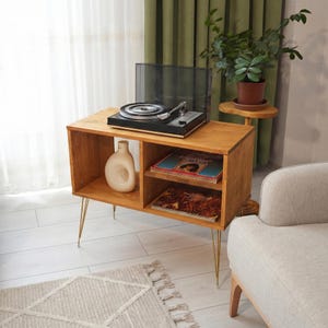 Mid Century Wooden Record Player Stand, Turntable Stand with Vinyl Record Holder, Retro Record Cabinet, LP Storage Console, Vinyl End Table