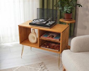 Record Player Stand with Vinyl Storage | Solid Wood Turntable Cabinet | Mid Century Modern | Gold Hairpin Legs | Custom Size