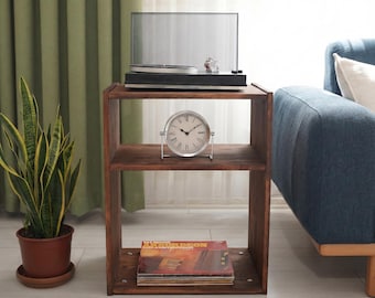 Solid Wood Record Player Stand, Rustic Vinyl Storage Console, MCM Turntable Unit,Holds 60 Records