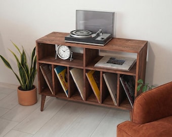 Large Record Player Stand with Vinyl Storage, Wide Rustic Turntable Cabinet, Solid Wood LP Console, Holds 180 Records