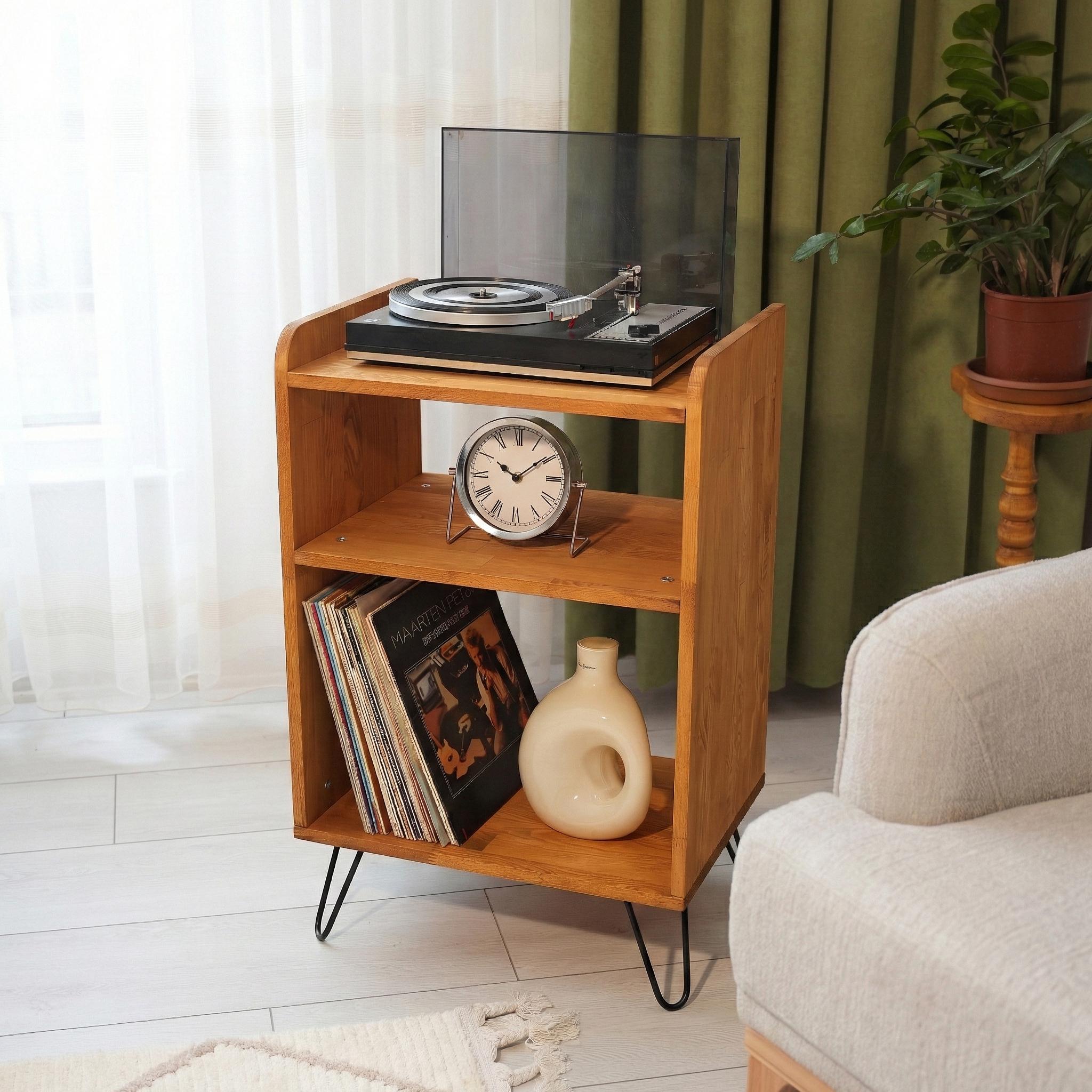 Mid Century Solid Wood Record Player Stand – Retro Vinyl Storage ...