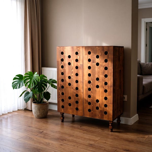 Mid Century Modern Bar Cabinet, Solid Pine Liquor Cabinet with Dot Carved Doors
