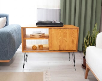 Record Player Stand with Vinyl Storage, Handcrafted Solid Pine Turntable Cabinet, Mid Century Modern LP Stand, Hairpin Legs, Custom Size