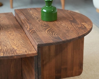 Round Coffee Table Solid Wood | Rustic Oval Center Table | Mid Century Modern Living Room | Walnut Finish | Custom Size
