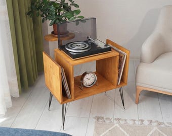 Soporte de madera maciza para tocadiscos, mueble rústico para guardar tocadiscos, mesa para guardar vinilos