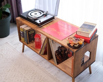 Record Player Stand with Vinyl Storage, Mid Century Media Console, Wooden Turntable Cabinet, Low TV Stand, Holds 120 Records