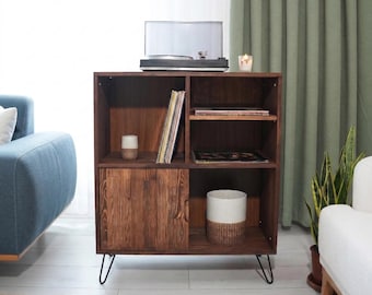 Soporte para tocadiscos con almacenamiento para vinilos, mueble para tocadiscos de madera maciza, soporte para discos LP de estilo moderno de mediados de siglo, patas de horquilla, soporte para discos de vinilo