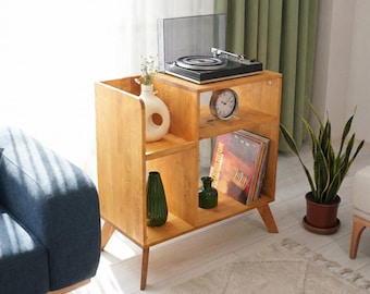 Record Player Stand with Vinyl Storage, Tall Mid Century Turntable Cabinet, 2 Compartment Solid Wood Console, Holds 70 Records