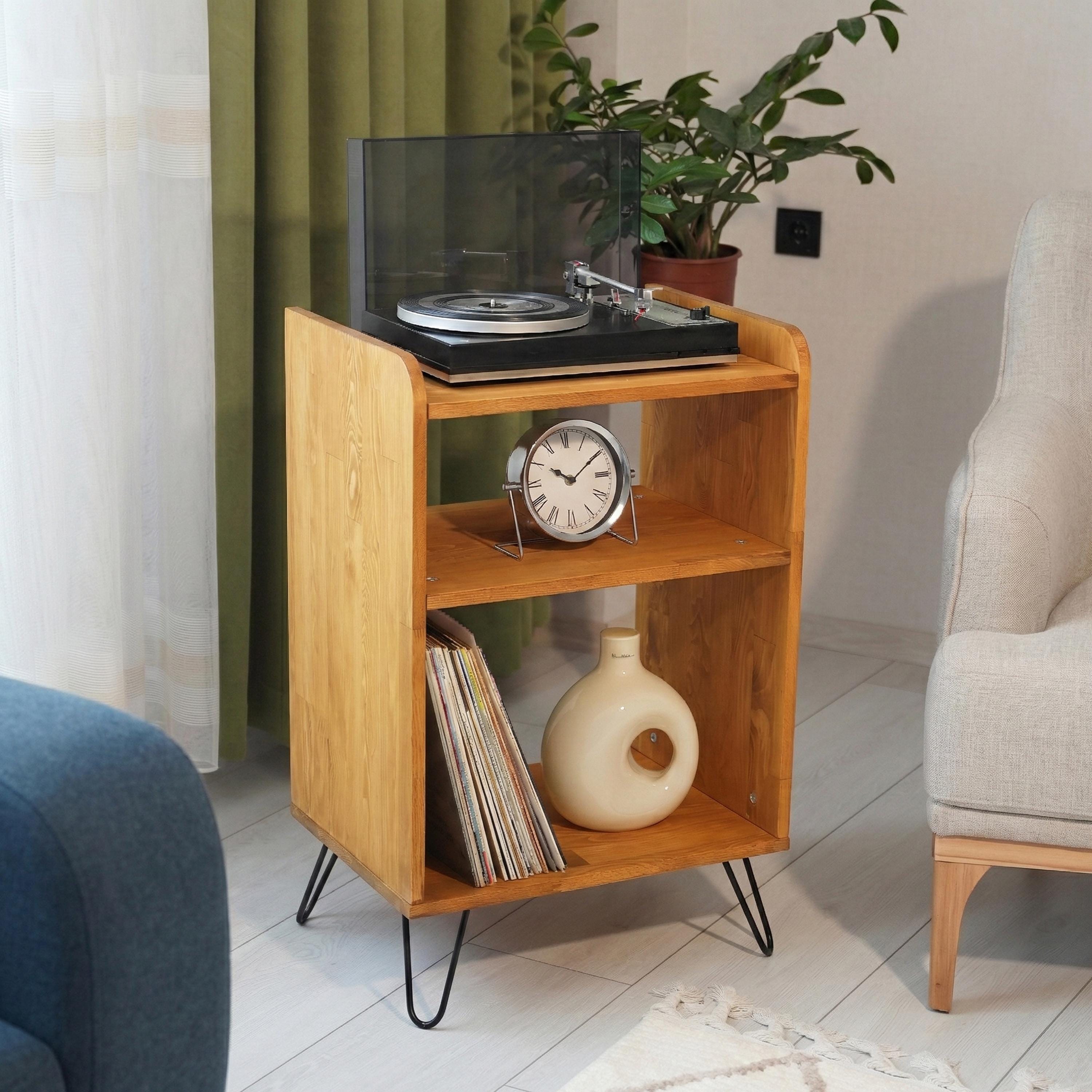 Mid Century Solid Wood Record Player Stand – Retro Vinyl Storage ...