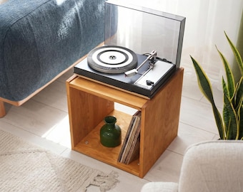 Small Record Player Stand with Vinyl Storage, Compact MCM Turntable Console, Solid Wood Vinyl Cabinet, Holds 40 Records