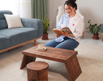 Mesa de centro Japandi Kotatsu com banquetas, mesa de chão japonesa baixa, mesa de chá minimalista em madeira maciça, tamanho personalizado