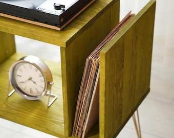 Record Player Stand with Vinyl Storage | Solid Pine Turntable Cabinet | Mid Century Modern | Hairpin Legs | Holds 100 Records