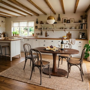 Puede incluir: Una cocina con armarios blancos, encimeras de madera y una mesa de comedor ovalada de madera en el centro con cuatro sillas de madera curvada. Una gran l&aacute;mpara colgante de lat&oacute;n cuelga sobre la mesa, servida con vino y una tabla de quesos.