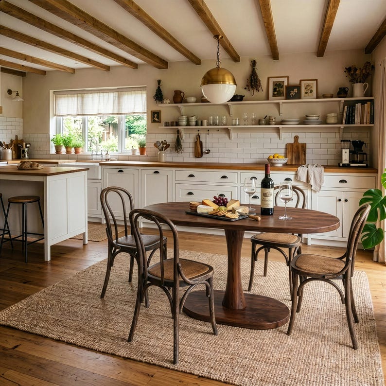 Puede incluir: Una cocina con armarios blancos, encimeras de madera y una mesa de comedor ovalada de madera en el centro con cuatro sillas de madera curvada. Una gran l&aacute;mpara colgante de lat&oacute;n cuelga sobre la mesa, servida con vino y una tabla de quesos.