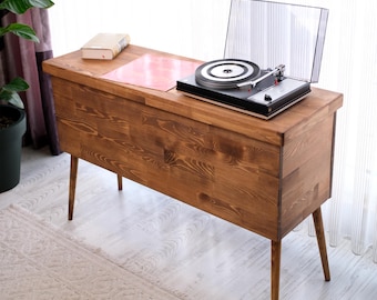 Record Player Stand with Vinyl Storage, Mid Century Sideboard, Hidden Sliding Top Turntable Cabinet, Media Console, Holds 200 Records