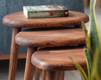 Solid Wood Nesting Coffee Table Set, Walnut Pebble Retro Sofa Tables