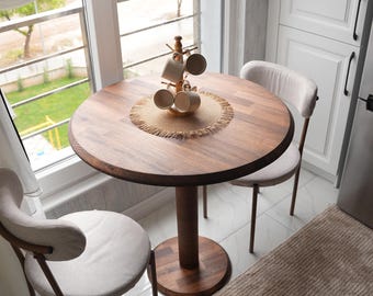Rounded Dining Table for Two with Tulip Leg, Dark Walnut Wood 2 to 4 Person Dining Room Table, Pedestal Leg Table Kitchen Furniture