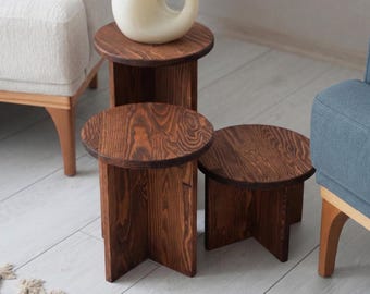 Solid Wood Nesting Coffee Table Set, Mid Century Walnut Side Tables