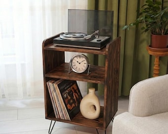 Record Player Stand with Vinyl Storage, Tall 3 Tier Mid Century Shelf, Holds 60 Records