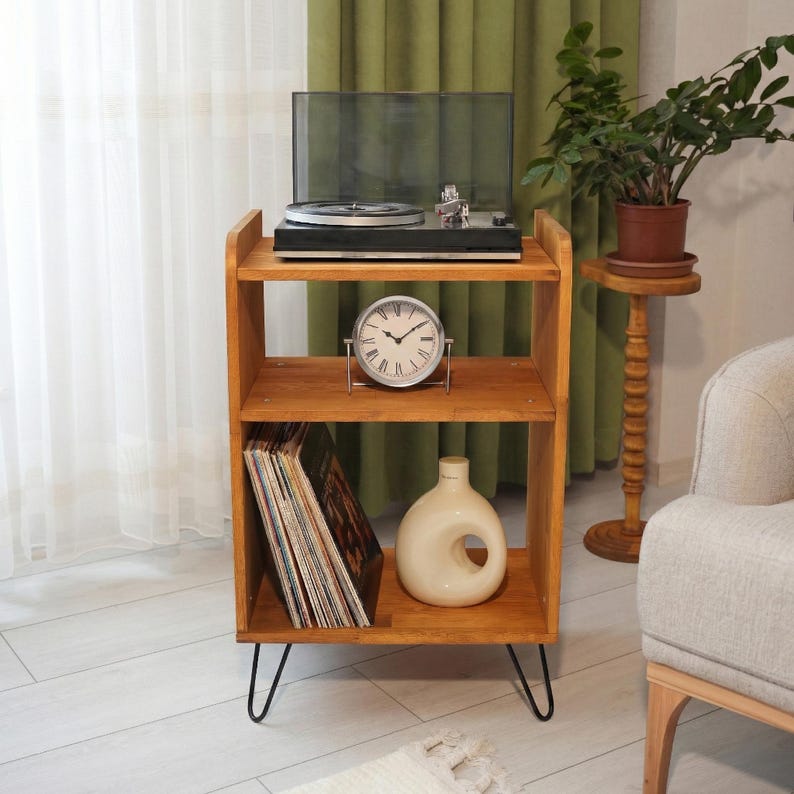 Mid Century Solid Wood Record Player Stand – Retro Vinyl Storage ...
