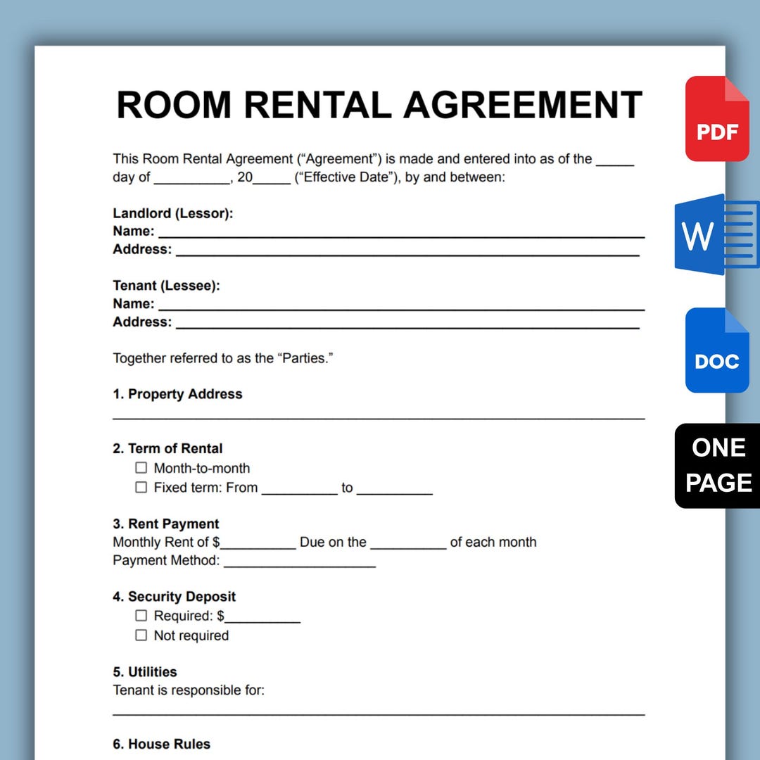 Printable Room Rental Agreement Template. Room Tenancy Contract for ...