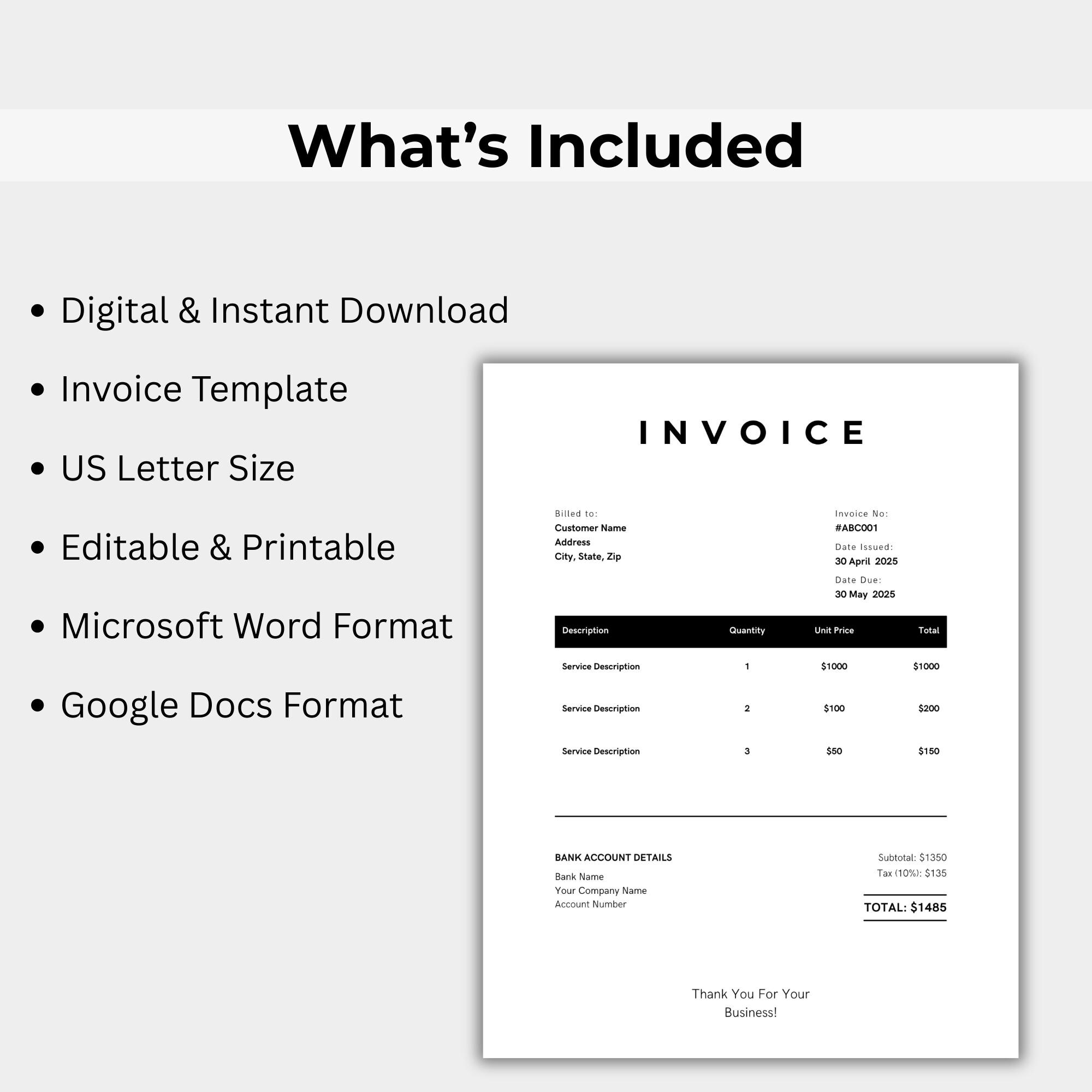 Editable Invoice Template – Custom Billing Form – Small Business ...