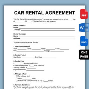 Printable Car Rental Agreement Template. One Page Car Rental Lease Contract Form. Fillable PDF, Editable Word & Google Docs