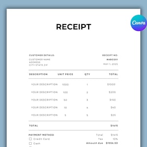 Editable Receipt Template. Sales Receipt for Small Business. Digital Customer Receipt Form. Editable Canva