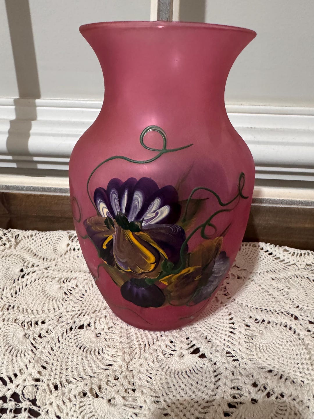 Vintage Pink Art Glass Vase, Hand Painted Floral Design, Shabby Chic ...