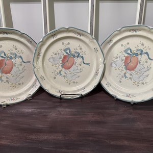 International Marmalade 3 Dinner Plates 8868 Geese Duck Ribbon Fruit Floral Vintage Supper Plate Country or Farmhouse Chic Stoneware