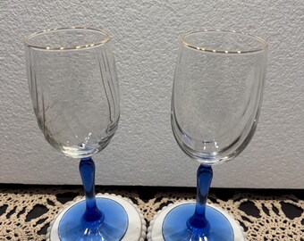 Vintage Lenox Cobalt Blue Stem Wine Glasses: Gold Trim Barware, Set of 2