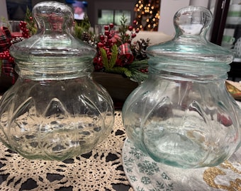 Vintage Green or Blue Glass Pumpkin Apothecary Jar Canister Bubble Lid Italy
