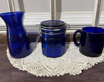 Vintage Cobalt Blue Glass Vase , Canister, or Mug  Farmhouse Chic Beautifully Blue Items
