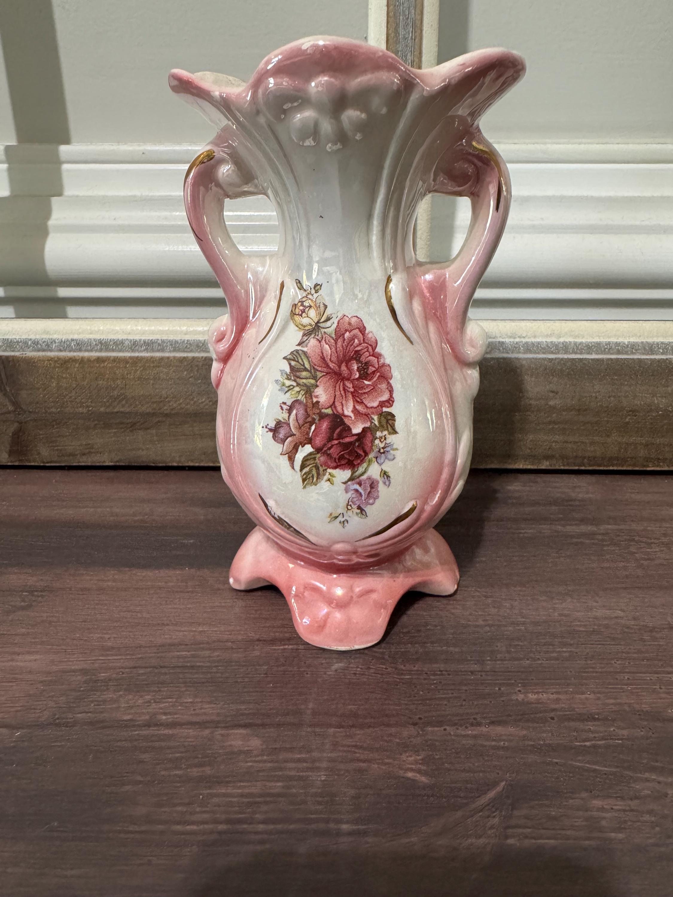 Vintage Pink Lusterware floral transfer vase urn handles ceramic Unmarked
