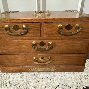 Mid Century OMC Japanese Tansu Wooden Jewelry Chest or Box / Otagri Mechantile Company / Made in Japan / Brass Handles and Embellishments