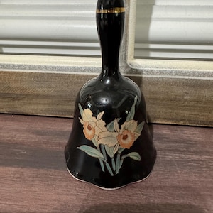 Otagiri Japanese Hand Painted Black Porcelain Bell With  A Floral Design Made In Japan Collectible Bell