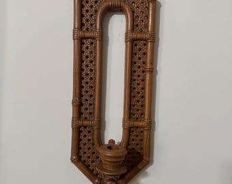 Vintage 1980 BURWOOD Faux RATTAN Bamboo Wall Sconce Candle Holder
