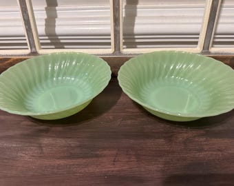Vintage Fire-King Jadeite Swirl Serving Bowls, Set of 2, Anchor Hocking Green Milk Glass Large Mixing Bowls, Retro 1940s 1950s Kitchenware