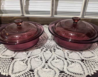 Vintage Vision Cranberry Casserole Dishes with Lids Discontinued Pattern / 1980’s Purple Casserole Dish Oven Microwave Randetop Freezer Safe