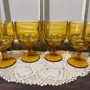 Vintage Bartlett Collins Thumbprint Goblets Amber Topaz Set of 4 Water Glasses Barware