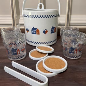 Vintage 1987 Metro Ice Bucket With 4 Cups 4 Coasters and Tongs / Picnic Pail or Barware