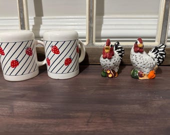 Vintage Salt & Pepper Shakers/ 1980’s Strawberry Themed w/Navy Pinstripe Shakers or Farmhouse Country Themed GKRO Hen Chicken Shakers
