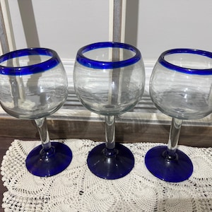 Cobalt Blue Rim and Foot,  Balloon Wine Glasses , Hand Blown Glass