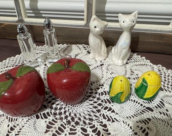 Vintage Salt and Pepper Shakers / Cats / Corn / Apples / Glass with Silver Tops