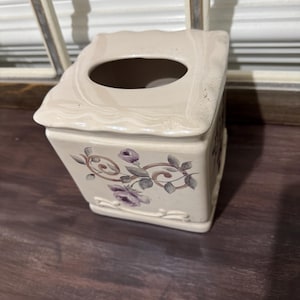 Vintage Croscill Ceramic Cassis Chambord Bordeaux Purple Roses Kleenex Holder Farmhouse Chic Tissue Holder or Cover Bathroom Decor