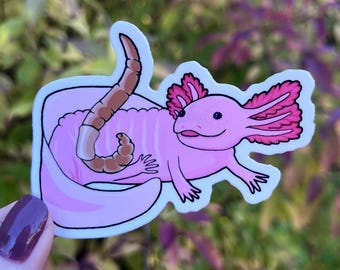 Axolotl Worm Sticker, 3", Water Bottle Sticker, Laptop Decal, Cute Animal Sticker, Salamander, Vinyl Sticker