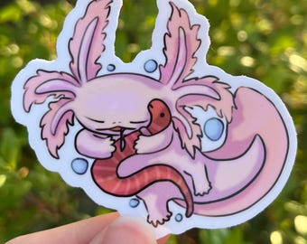 Sleepy Worm Axolotl Sticker, 3", Water Bottle Sticker, Laptop Decal, Cute Animal Sticker, Salamander, Vinyl Sticker